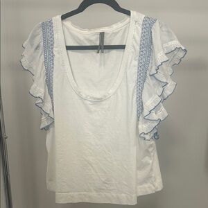 Anthropologie White Top with Blue Accents